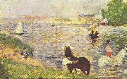 Georges Seurat Weibes und schwarzes Pferd im Flub oil painting reproduction